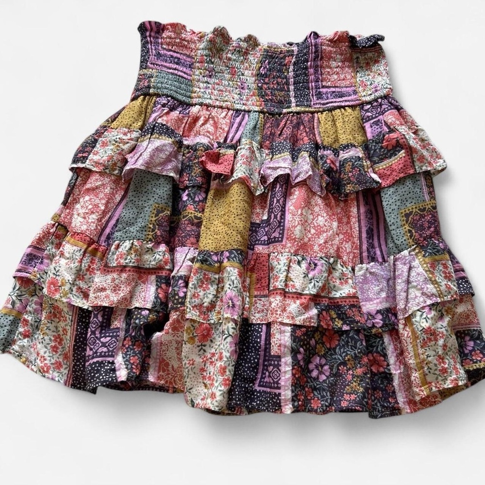 Multi print spring patchwork boho tiered ruffle Flowy skirt size medium - Picture 3 of 5
